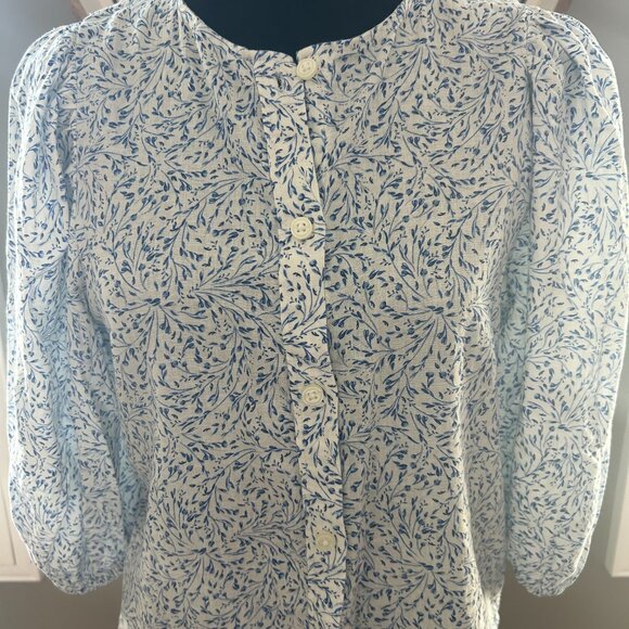 H&M Top Linen Button Down Shirt Blue Floral Blouse Spring Casual Everyday SZS - Picture 6 of 13